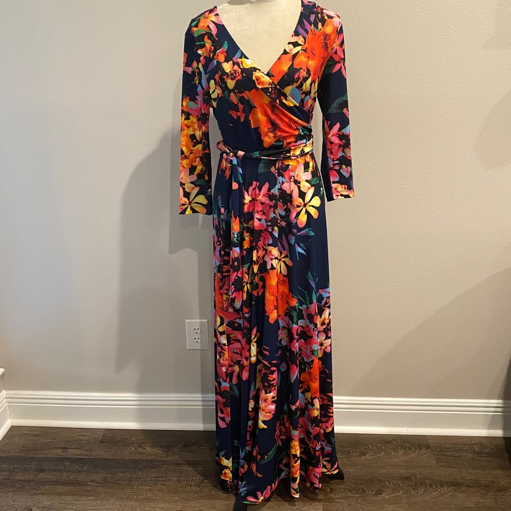 Navy Blue Faux Wrap Floral Print Maxi Dress - Size Small - Removable Belt